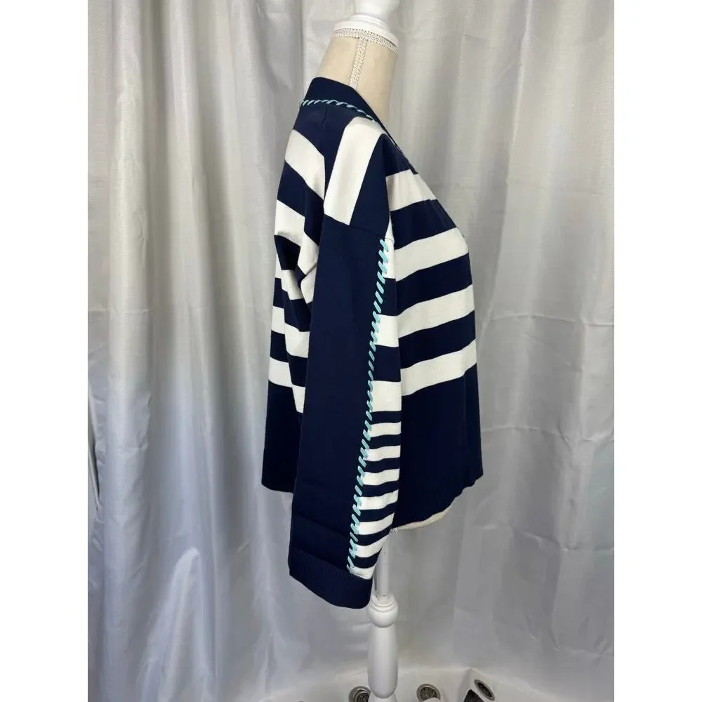 Chico's Striped Cardigan Sweater M Nautical Coastal Grandma Open Front - Picture 4 of 7